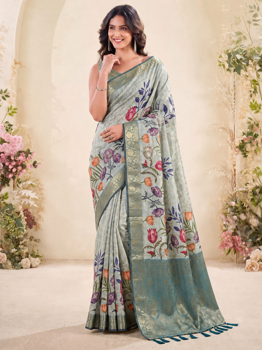 Stunning Sea Green Floral Printed Tussar Silk Wedding Wear Saree