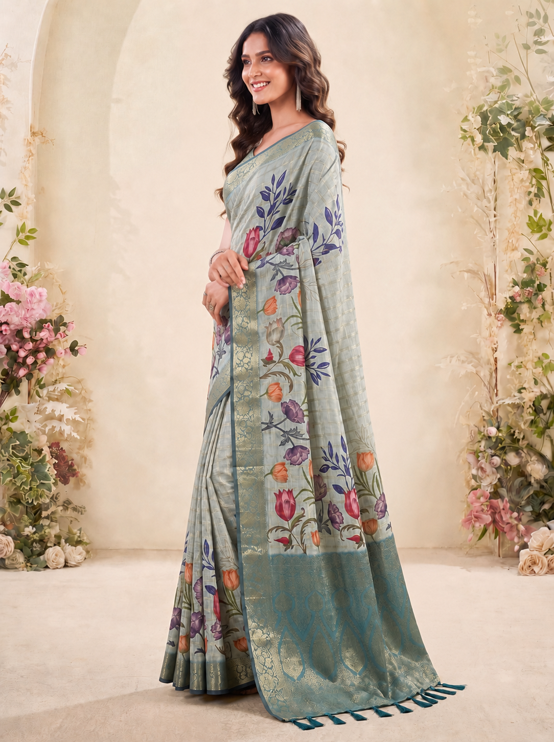 Stunning Sea Green Floral Printed Tussar Silk Wedding Wear Saree