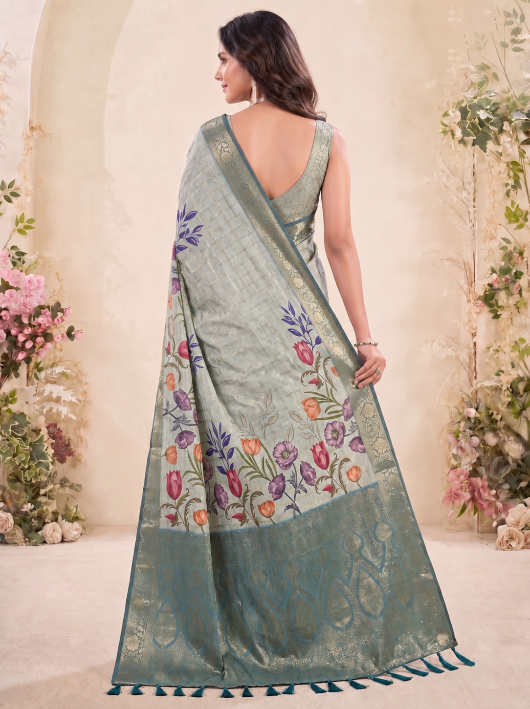 Stunning Sea Green Floral Printed Tussar Silk Wedding Wear Saree