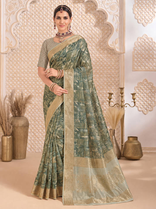 Fascinating Green Digital Printed Cotton Mehndi Wear Saree
