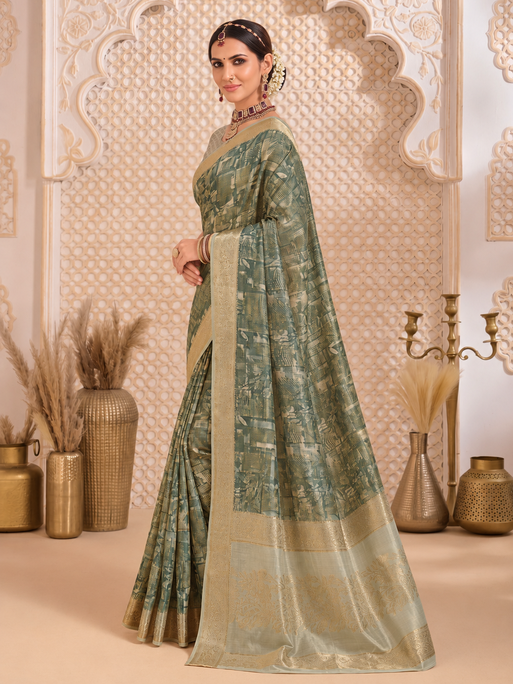 Fascinating Green Digital Printed Cotton Mehndi Wear Saree
