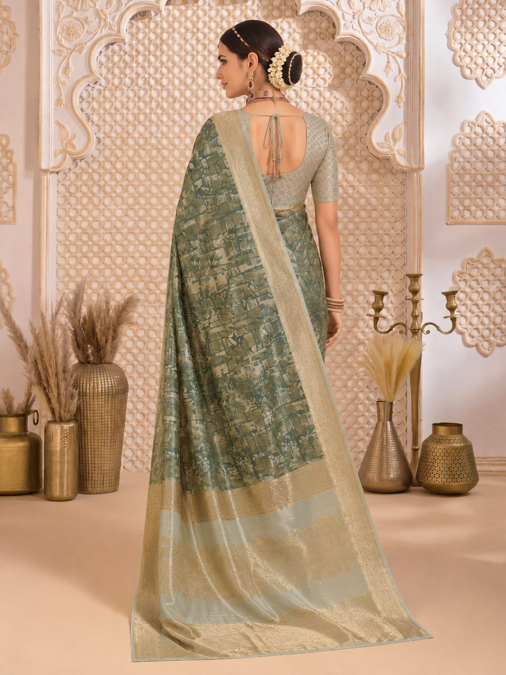 Fascinating Green Digital Printed Cotton Mehndi Wear Saree