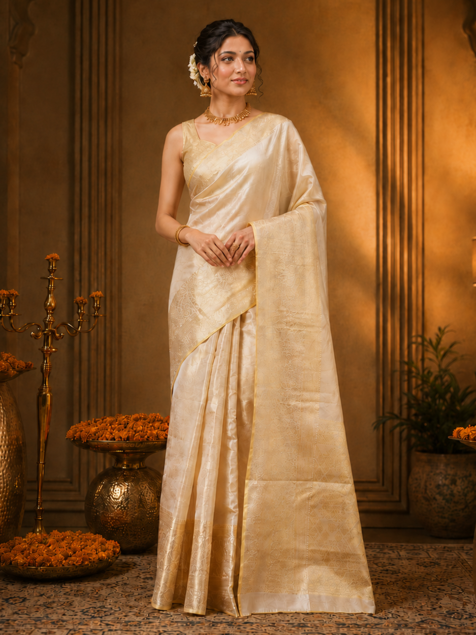 Attractive Beige Zari Weaving Tissue Silk Bollywood Saree