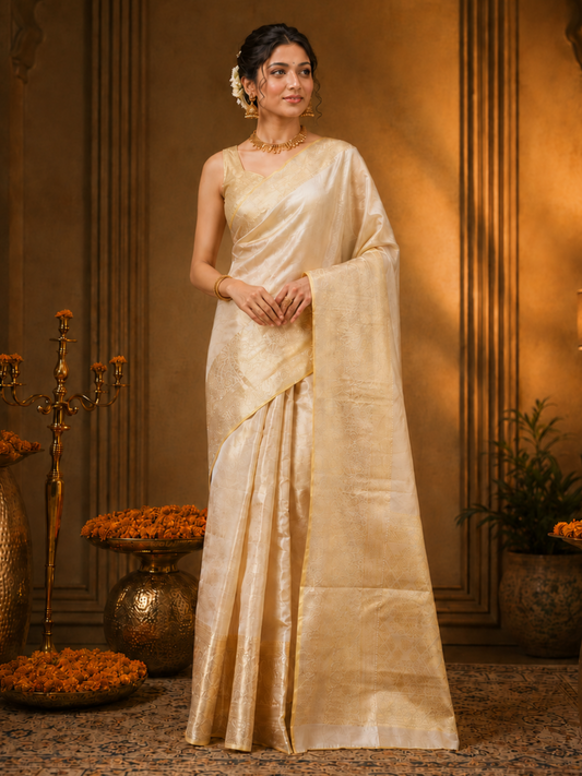 Attractive Beige Zari Weaving Tissue Silk Bollywood Saree