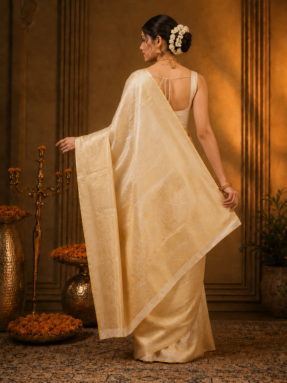 Attractive Beige Zari Weaving Tissue Silk Bollywood Saree