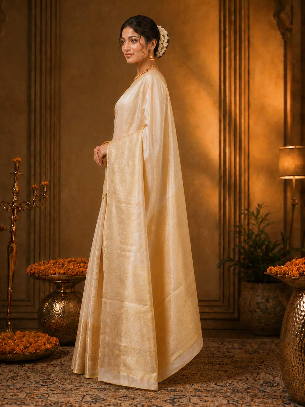 Attractive Beige Zari Weaving Tissue Silk Bollywood Saree