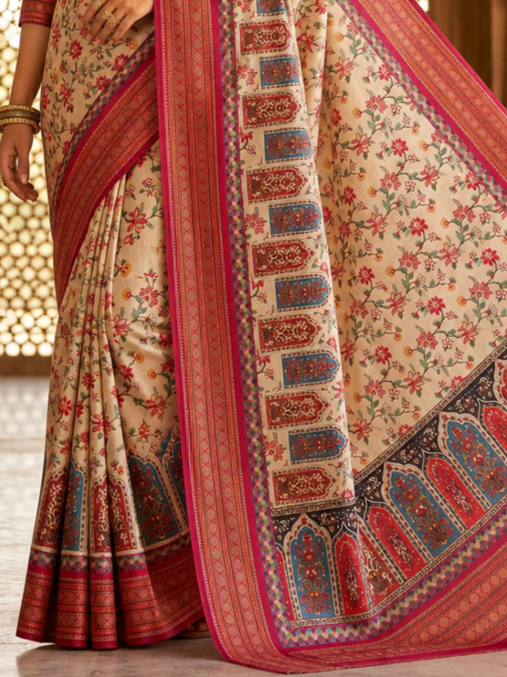 Enchanting Off-White Pashmina Printed Silk Wedding Saree