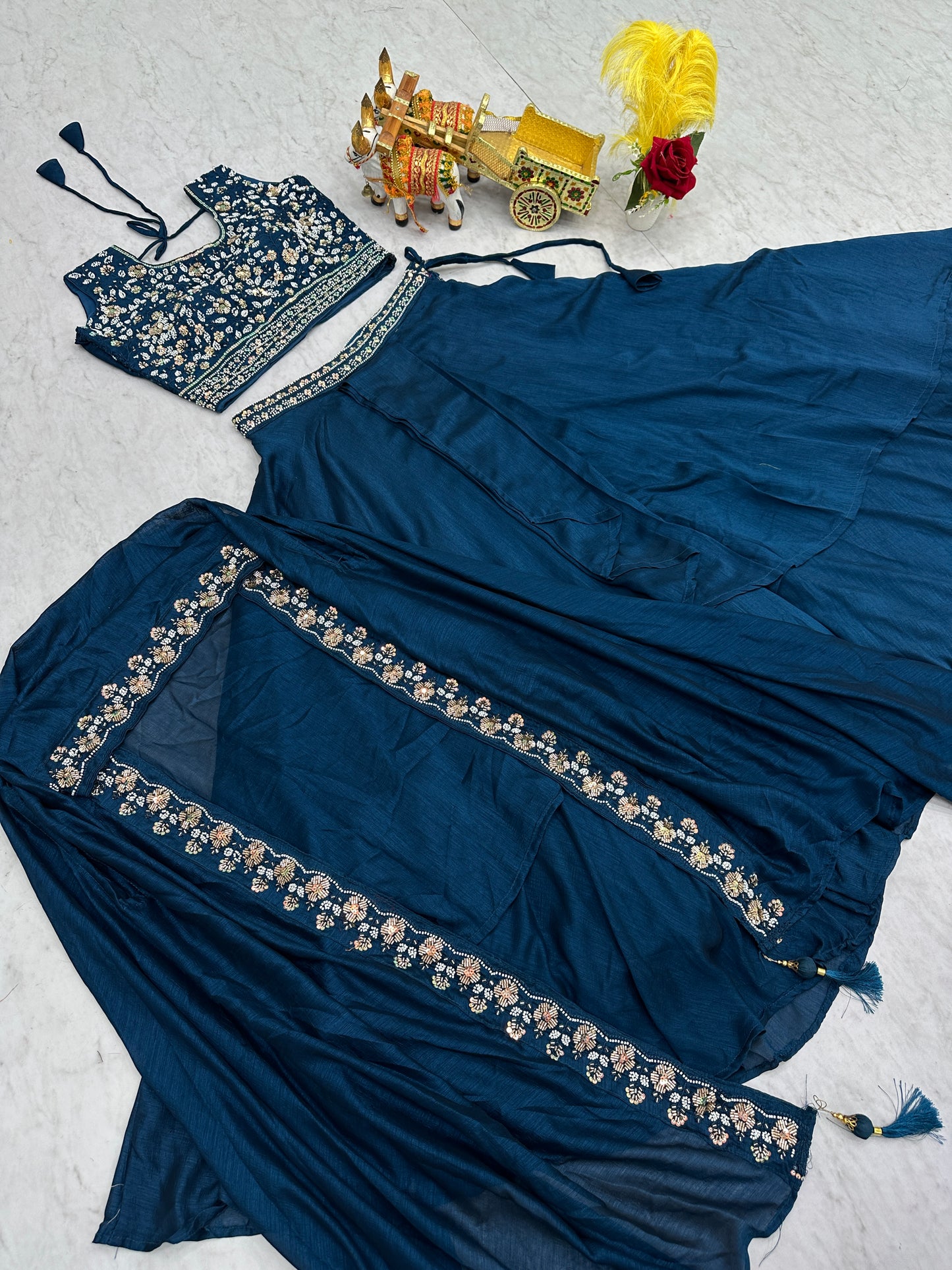 Wonderful Blue Embroidered Silk Designer Lehenga Choli With Shrug