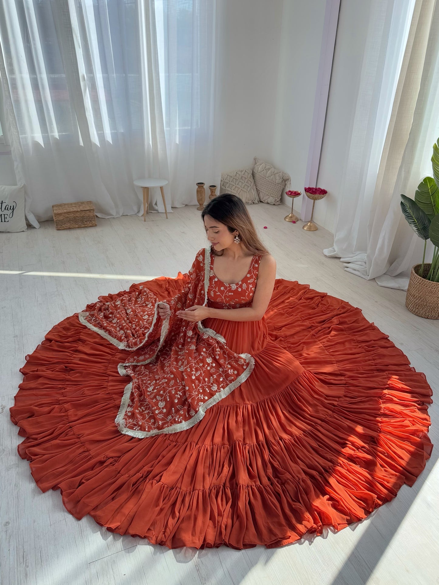 Beautiful Orange Embroidered Georgette Reception Wear Gown
