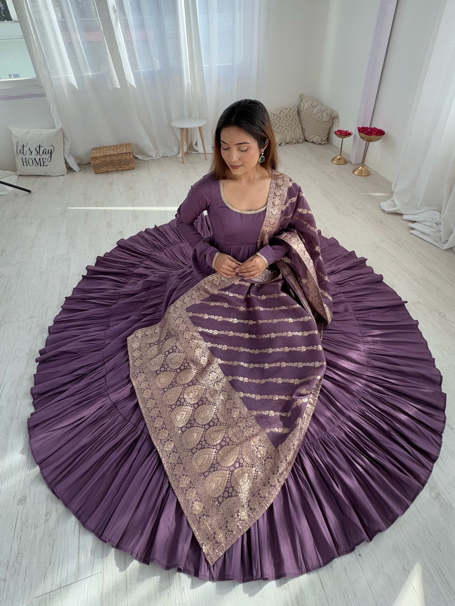 Pretty Wine Chanderi Silk Anarkali Suit With Banarasi Dupatta