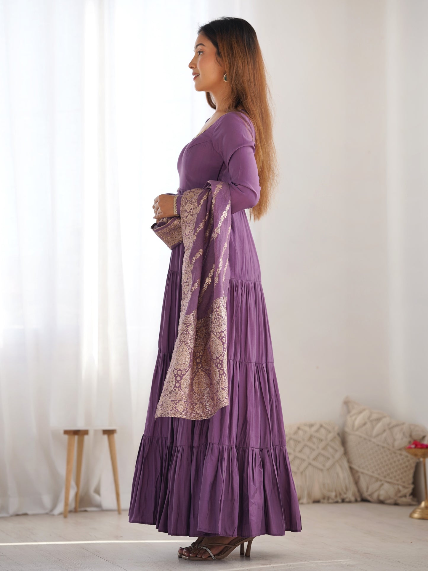 Pretty Wine Chanderi Silk Anarkali Suit With Banarasi Dupatta