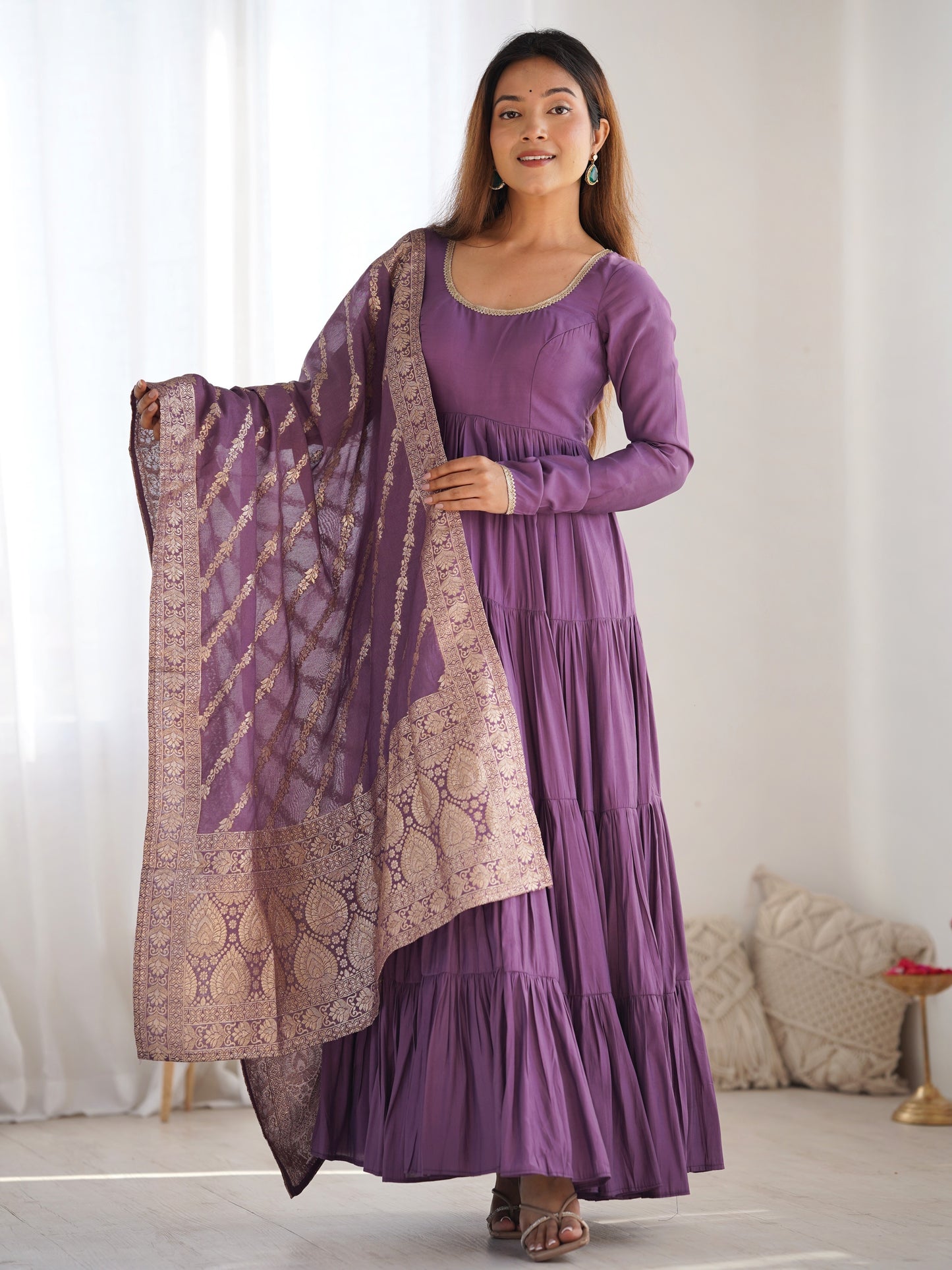 Pretty Wine Chanderi Silk Anarkali Suit With Banarasi Dupatta