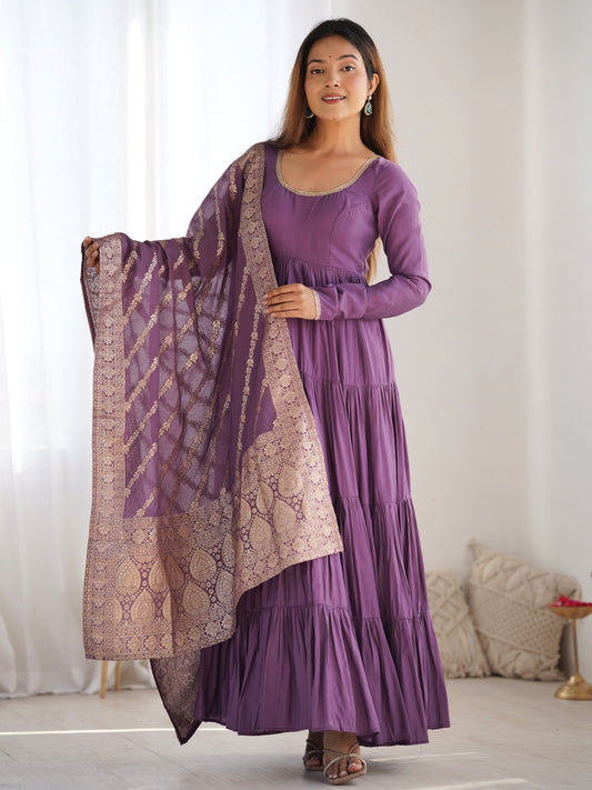 Pretty Wine Chanderi Silk Anarkali Suit With Banarasi Dupatta