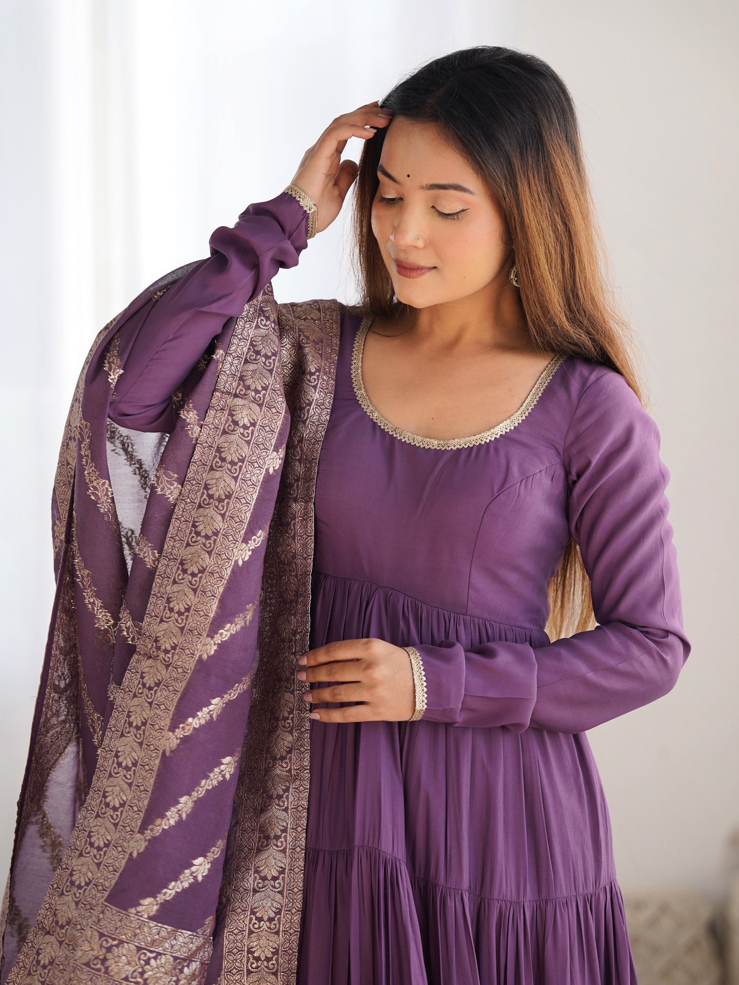 Pretty Wine Chanderi Silk Anarkali Suit With Banarasi Dupatta