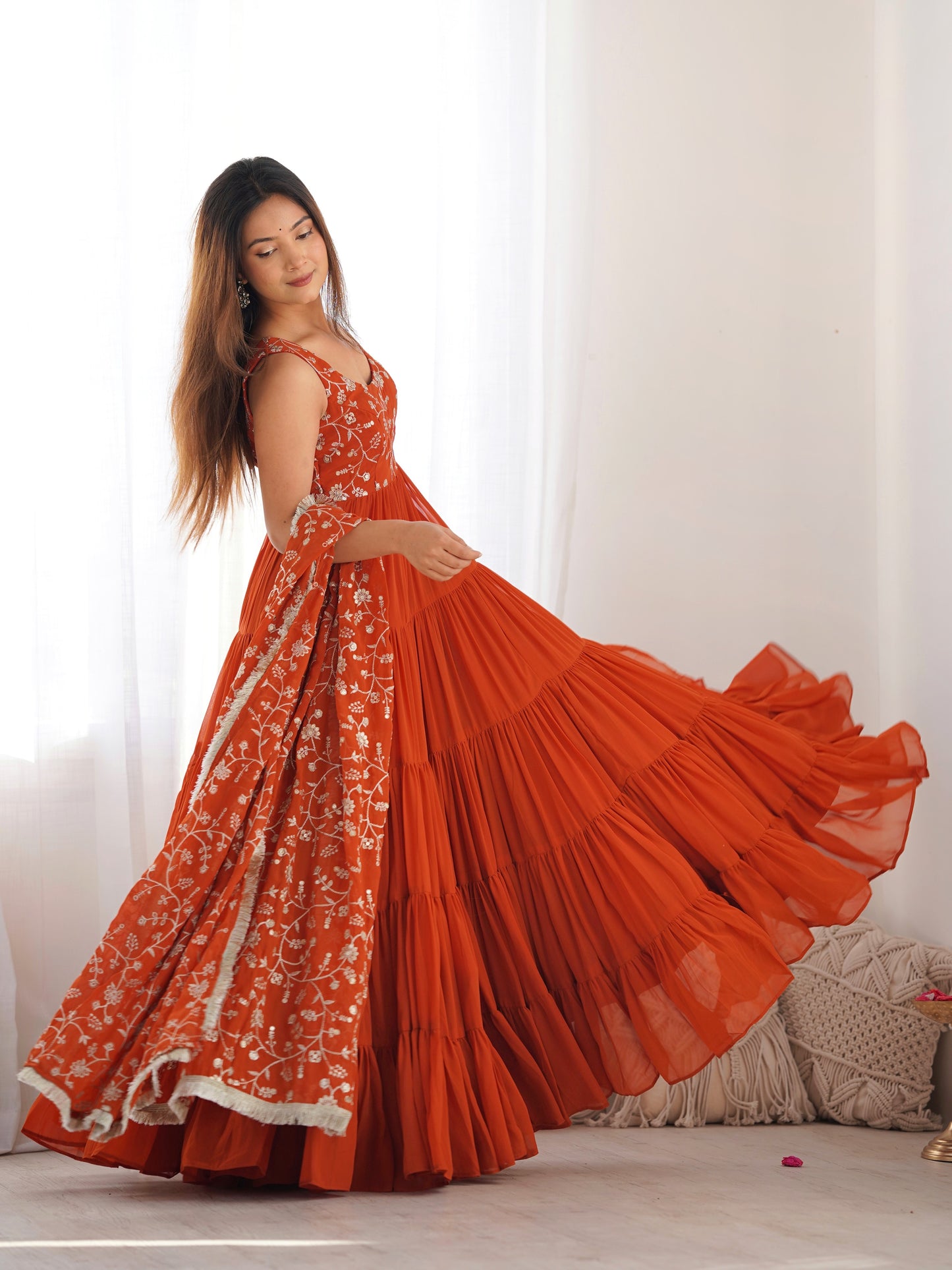 Beautiful Orange Embroidered Georgette Reception Wear Gown