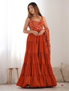 Beautiful Orange Embroidered Georgette Reception Wear Gown