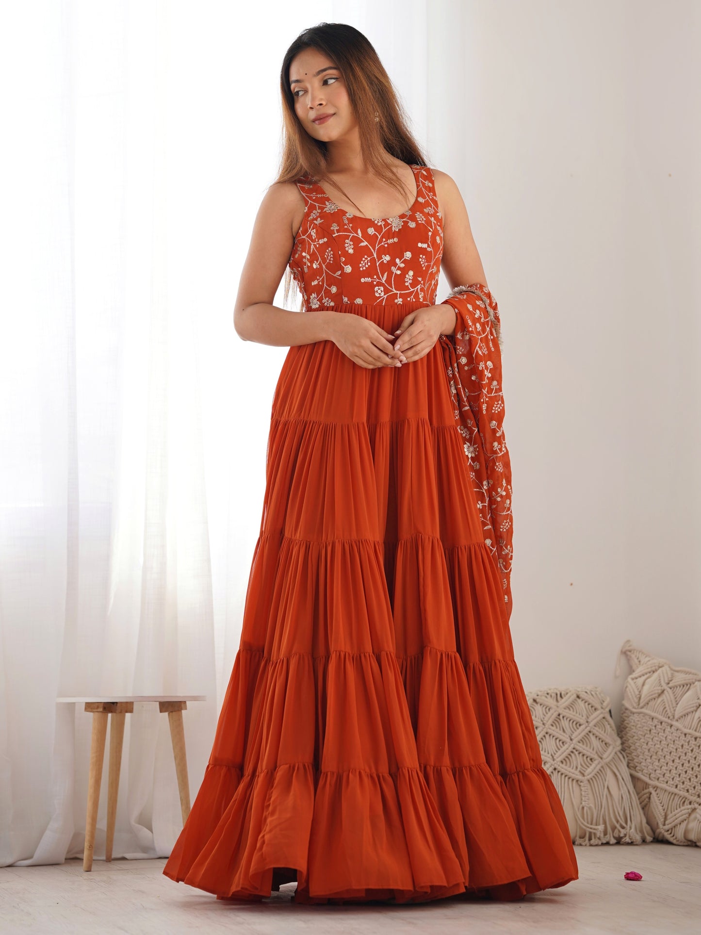 Beautiful Orange Embroidered Georgette Reception Wear Gown
