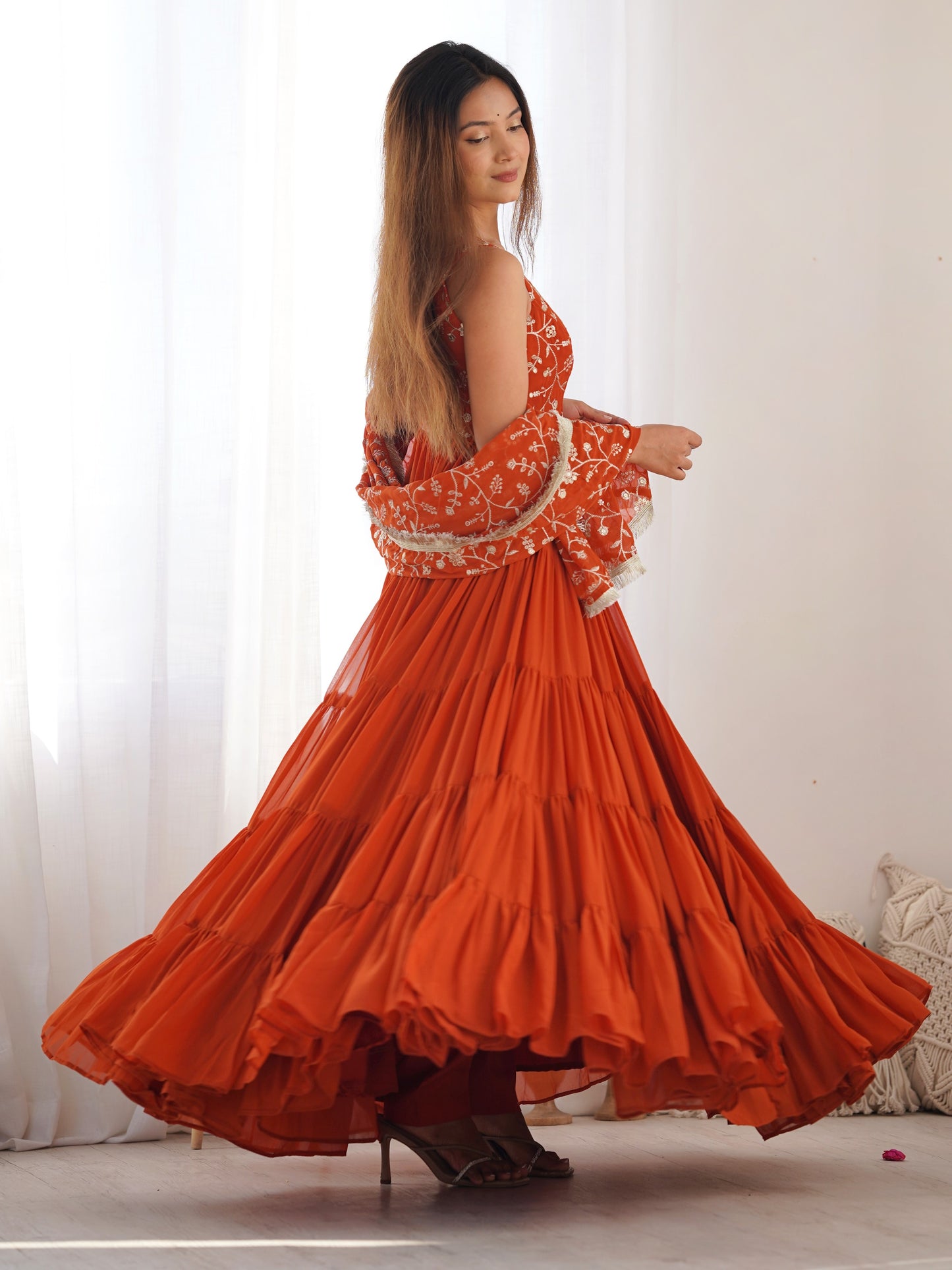 Beautiful Orange Embroidered Georgette Reception Wear Gown