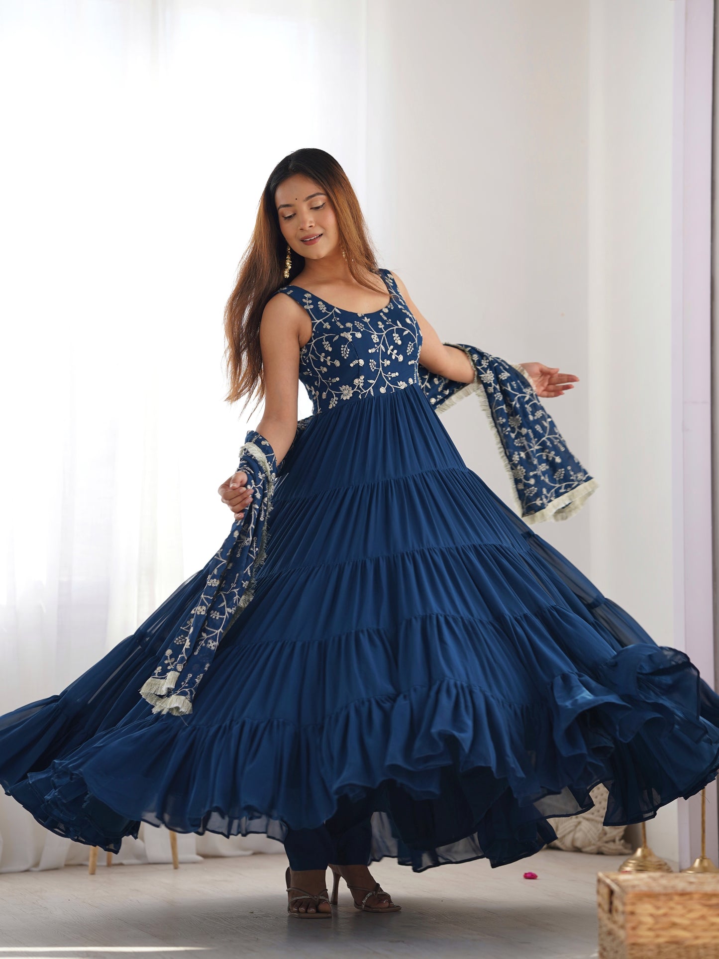Astonishing Blue Embroidered Georgette Wedding Wear Gown