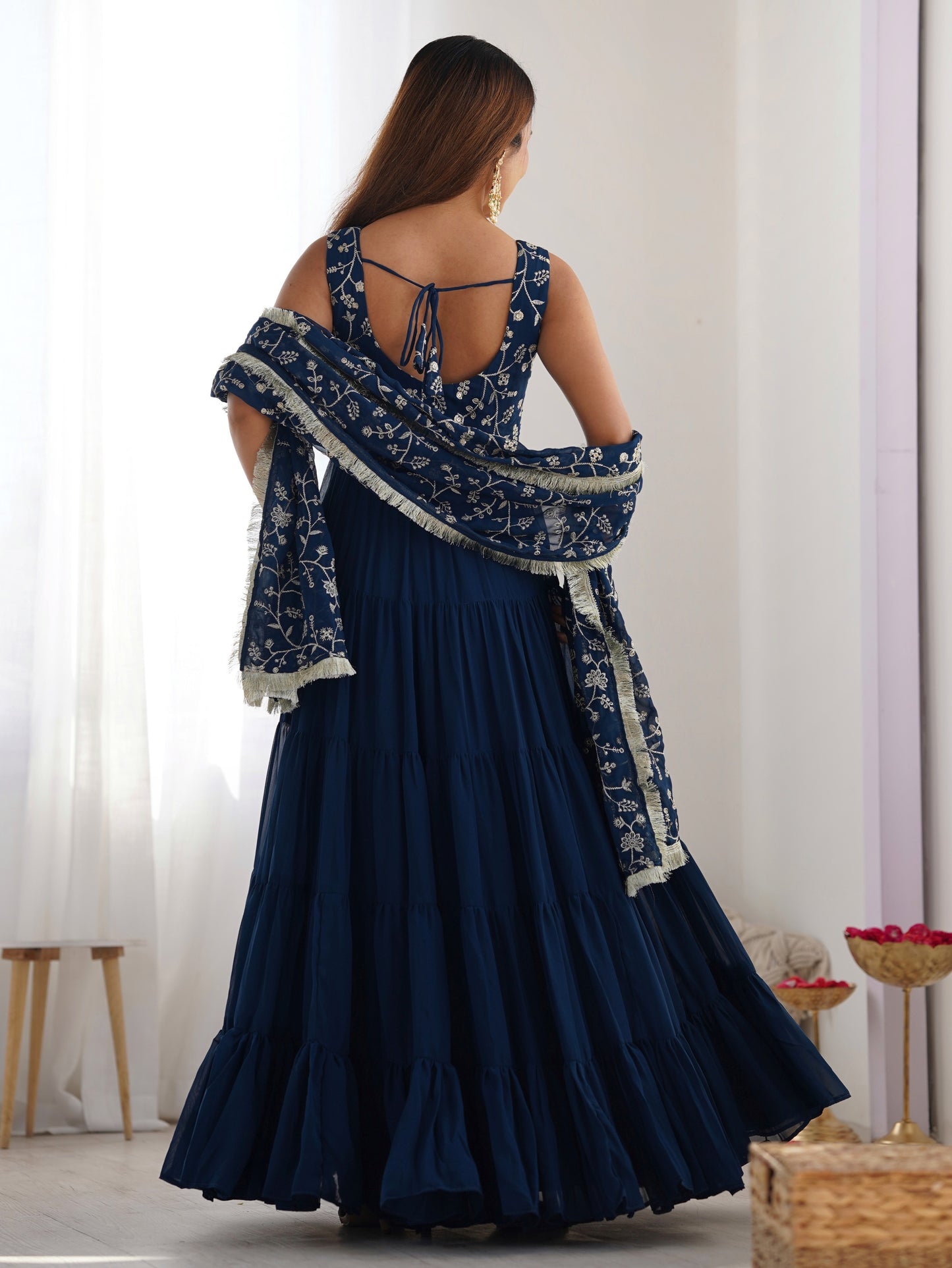 Astonishing Blue Embroidered Georgette Wedding Wear Gown