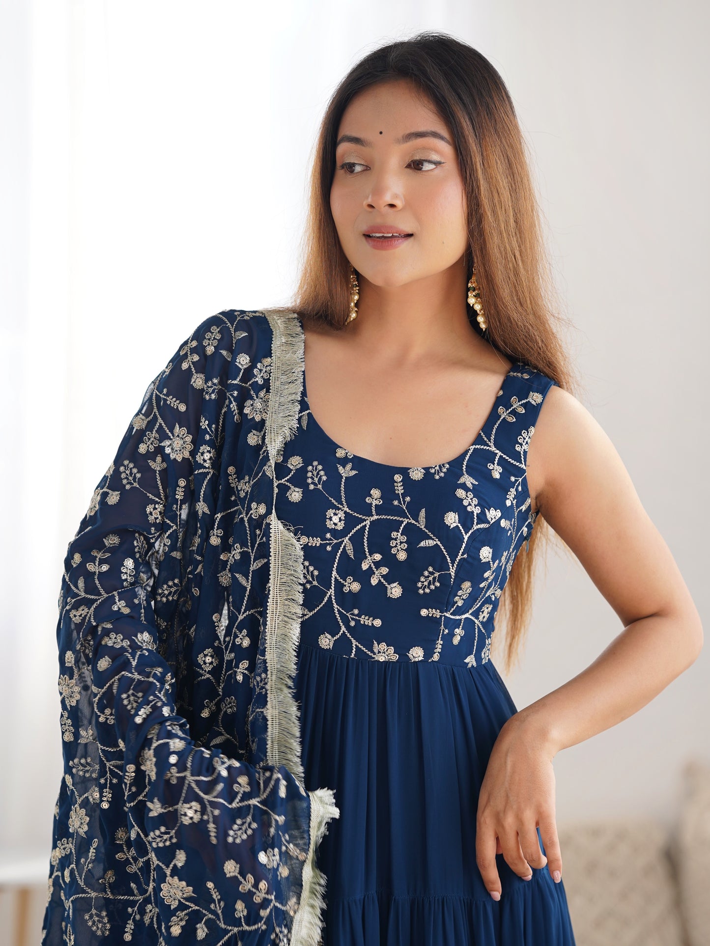 Astonishing Blue Embroidered Georgette Wedding Wear Gown