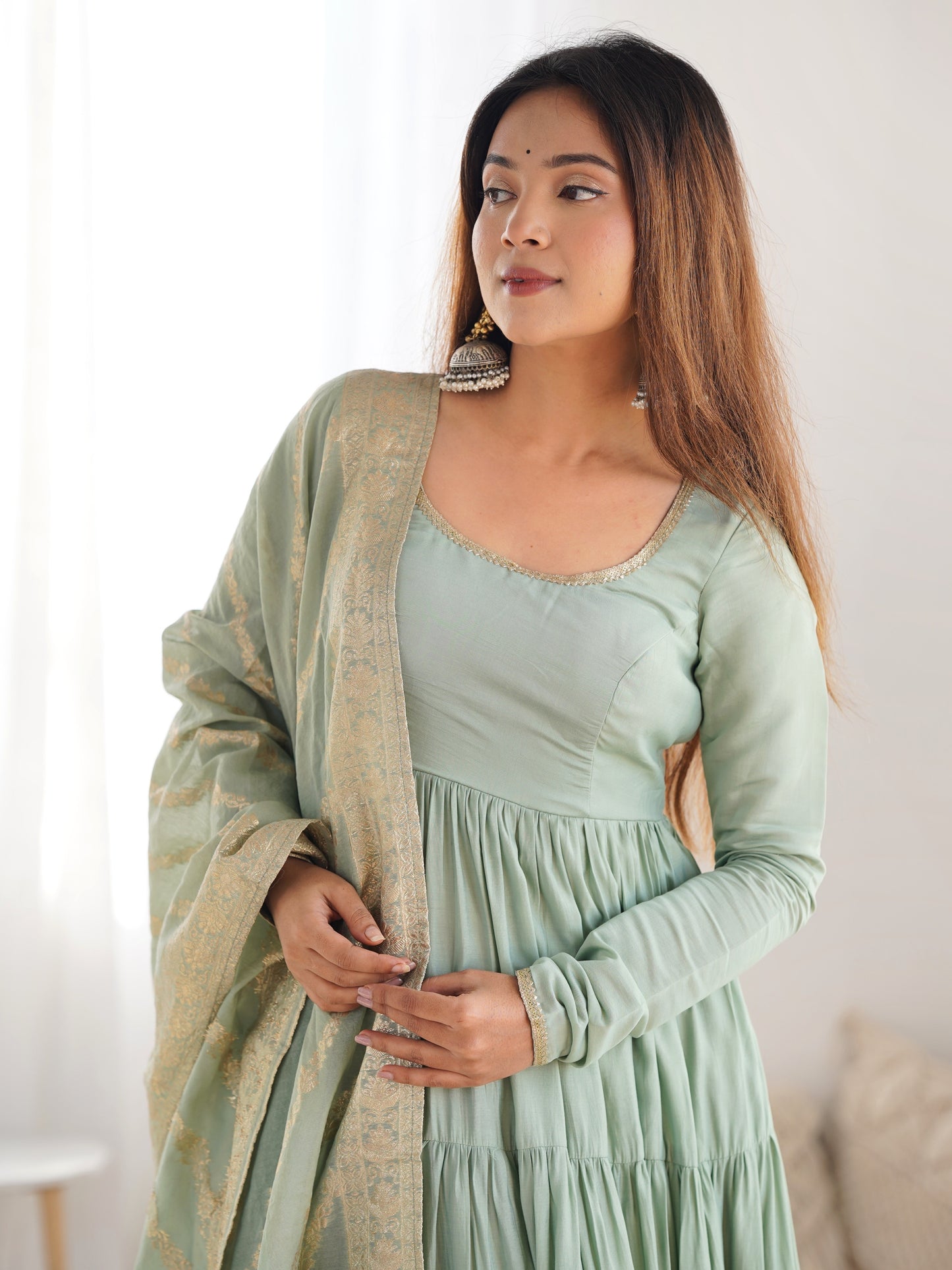 Pretty Sea Green Chanderi Silk Mehndi Wear Anarkali Suit