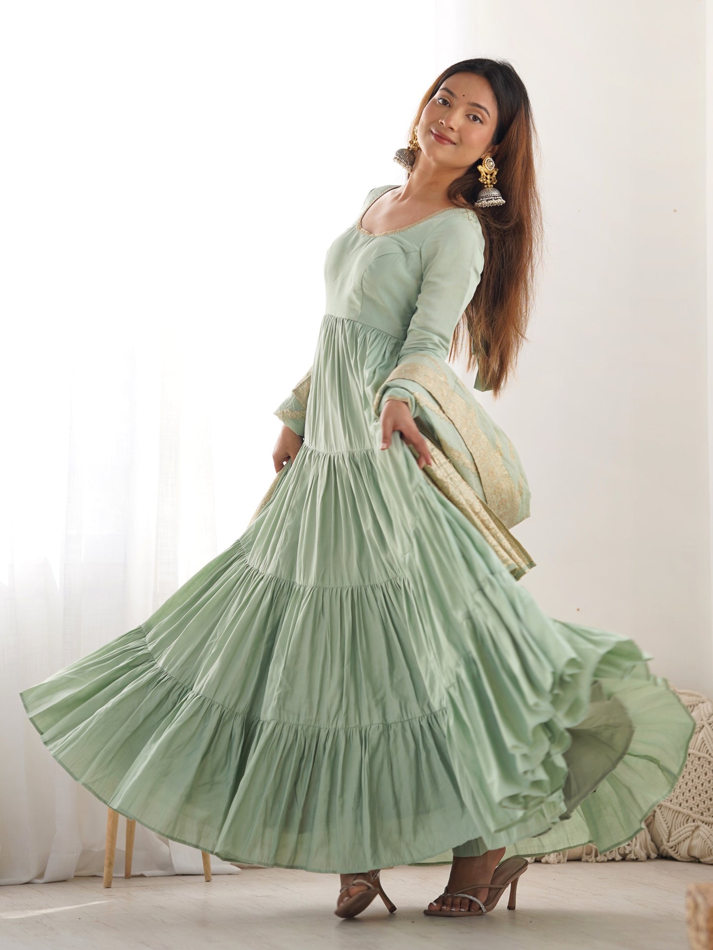Pretty Sea Green Chanderi Silk Mehndi Wear Anarkali Suit