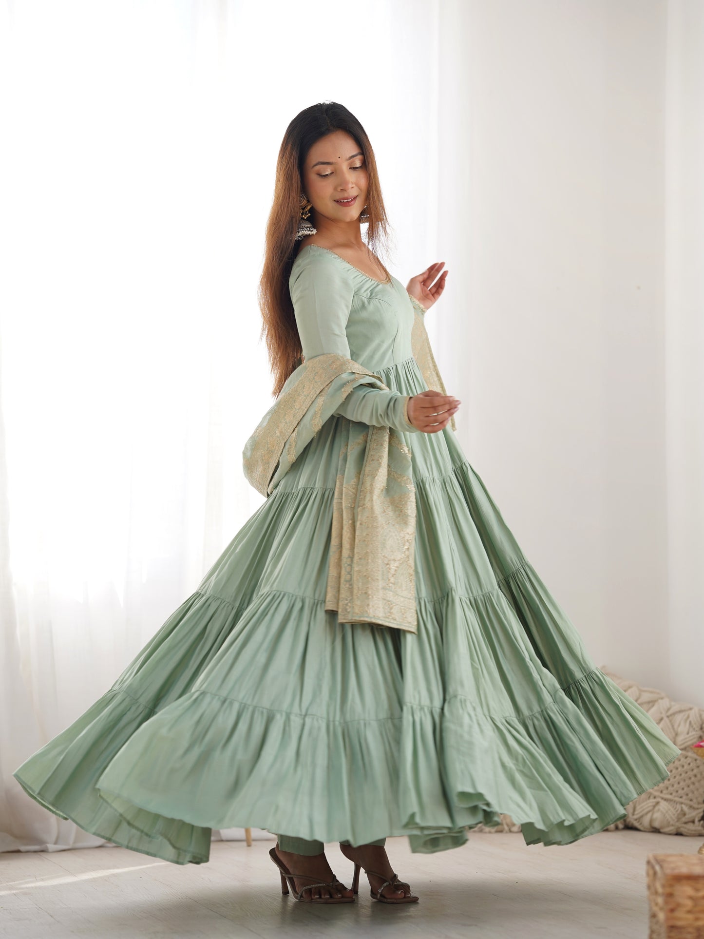Pretty Sea Green Chanderi Silk Mehndi Wear Anarkali Suit