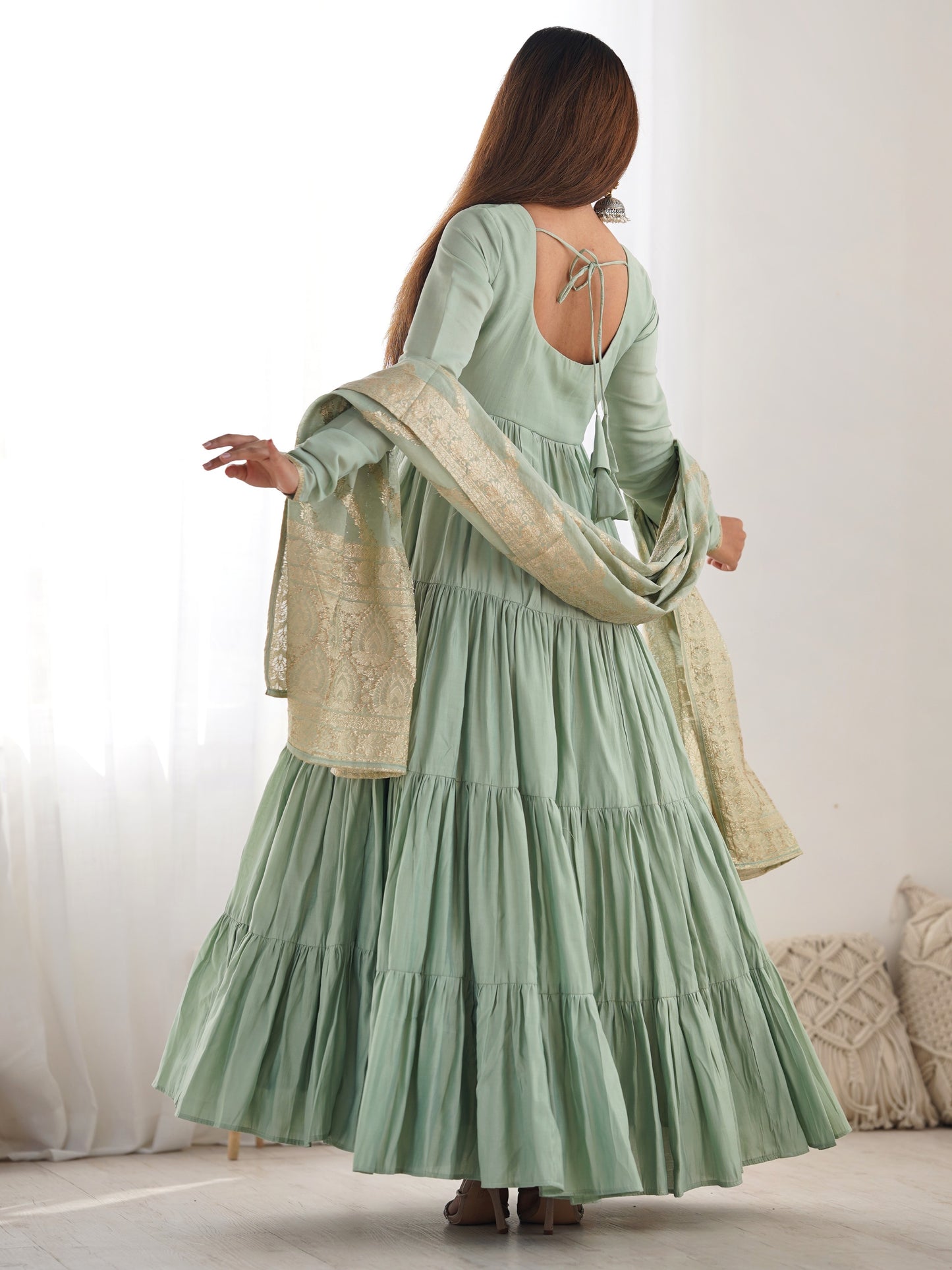 Pretty Sea Green Chanderi Silk Mehndi Wear Anarkali Suit