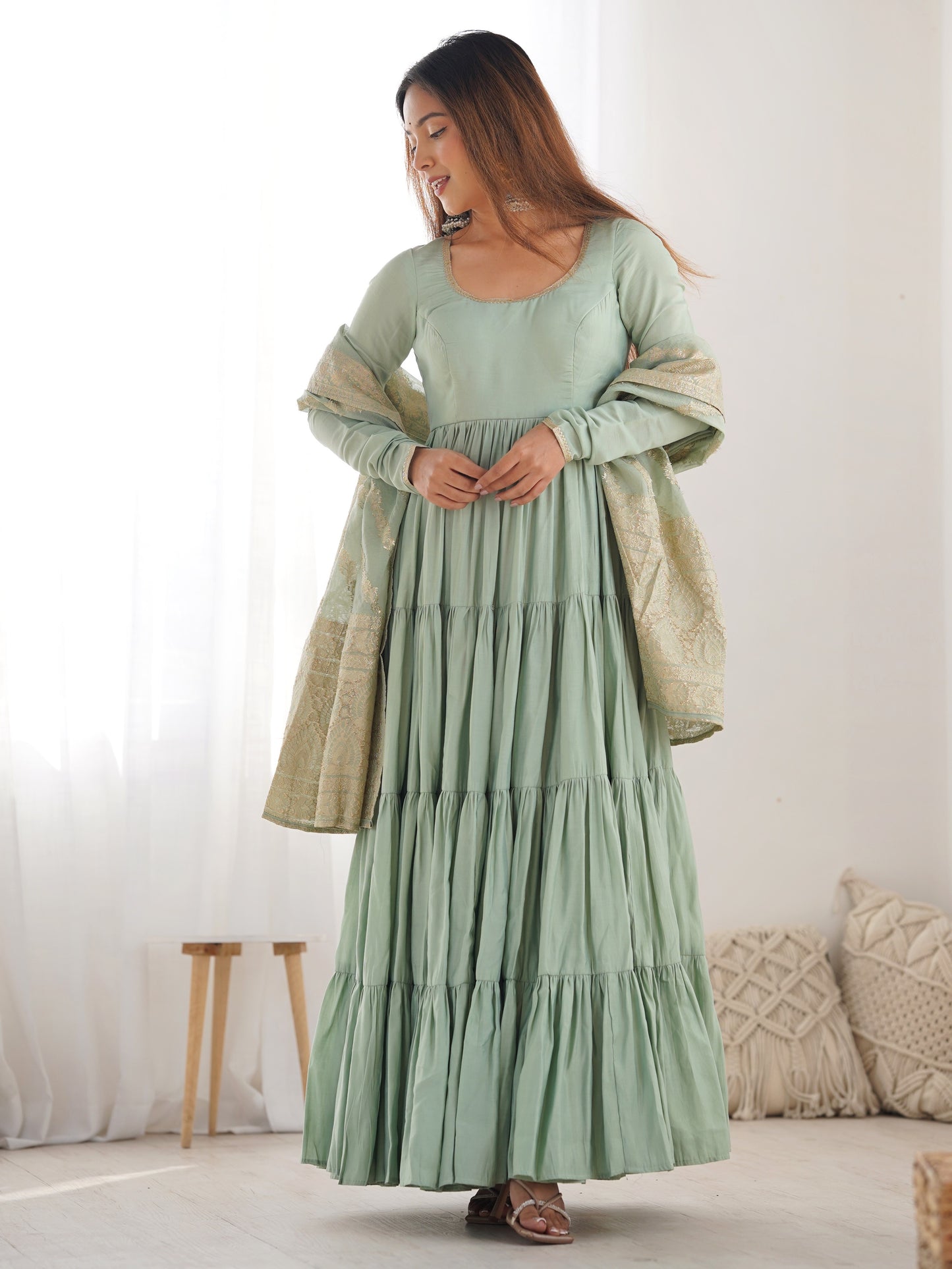 Pretty Sea Green Chanderi Silk Mehndi Wear Anarkali Suit