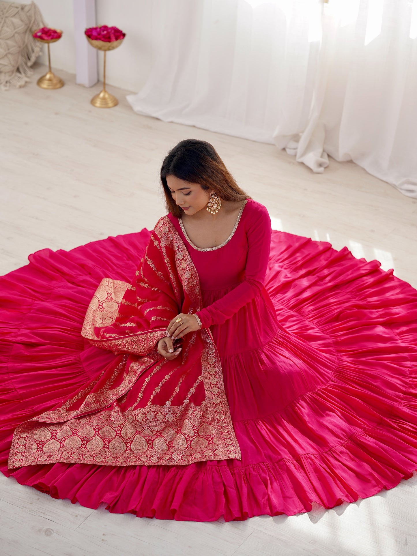 Attractive Pink Chanderi Silk Anarkali Suit With Banarasi Dupatta