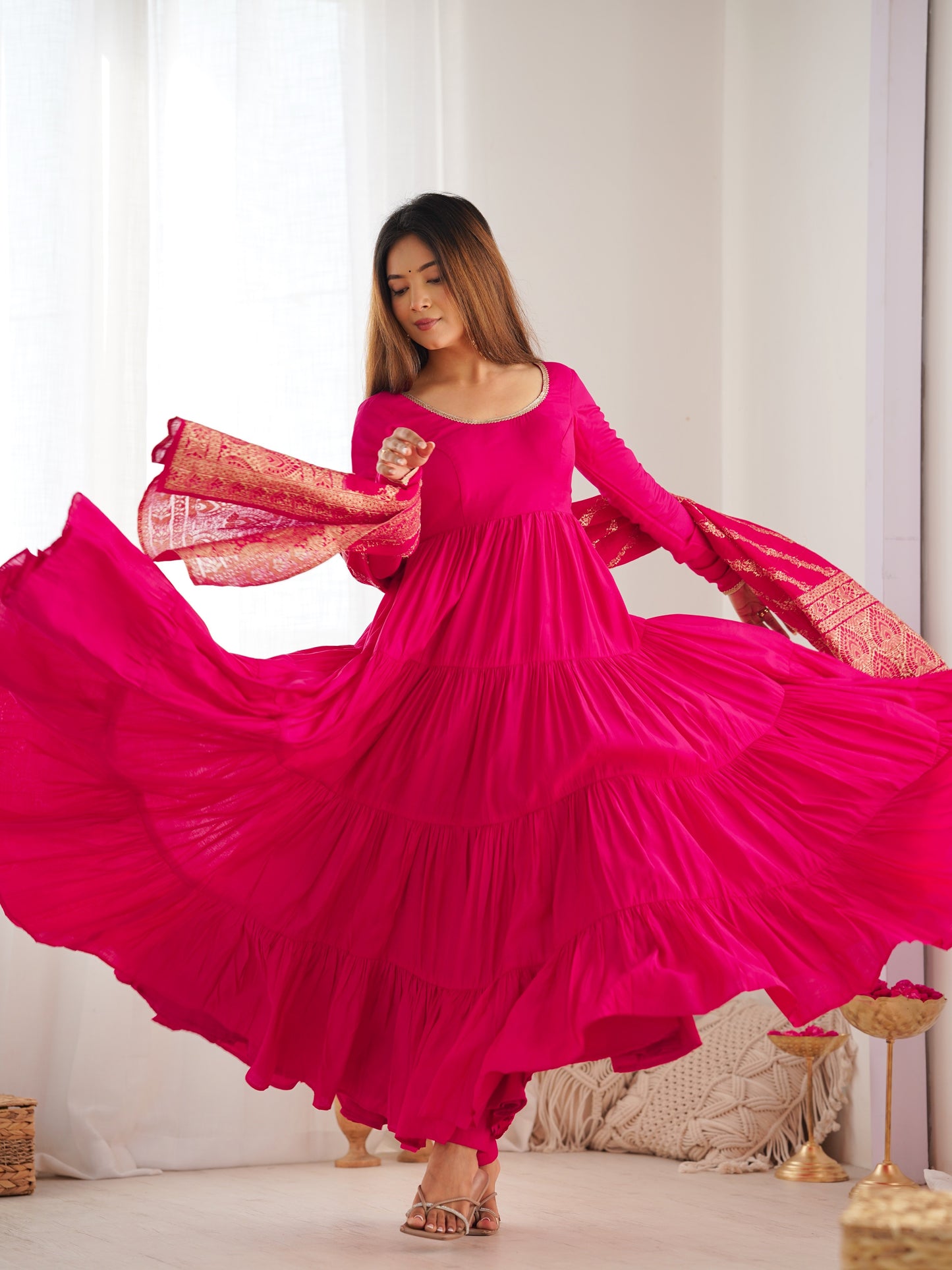 Attractive Pink Chanderi Silk Anarkali Suit With Banarasi Dupatta