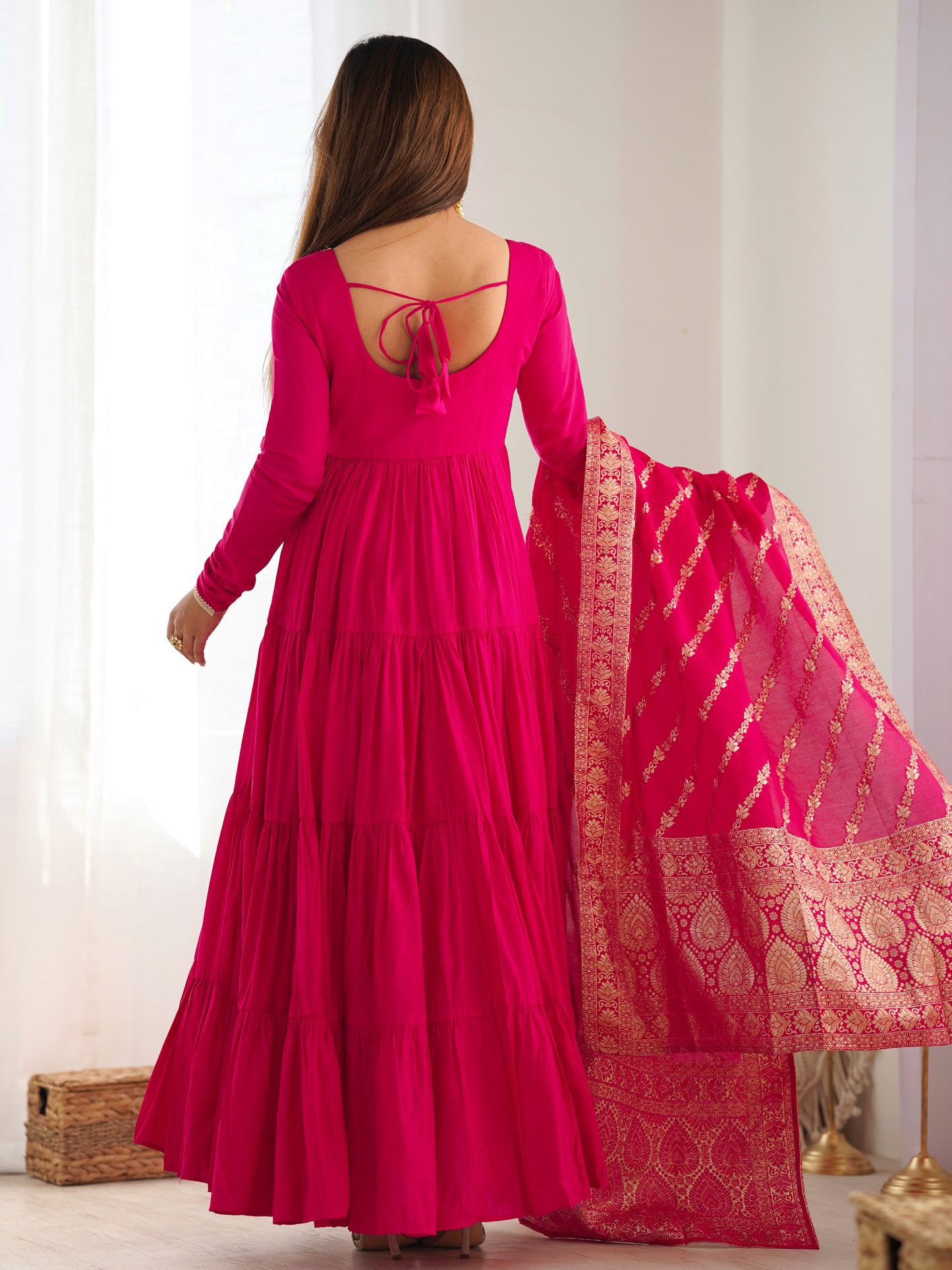 Attractive Pink Chanderi Silk Anarkali Suit With Banarasi Dupatta