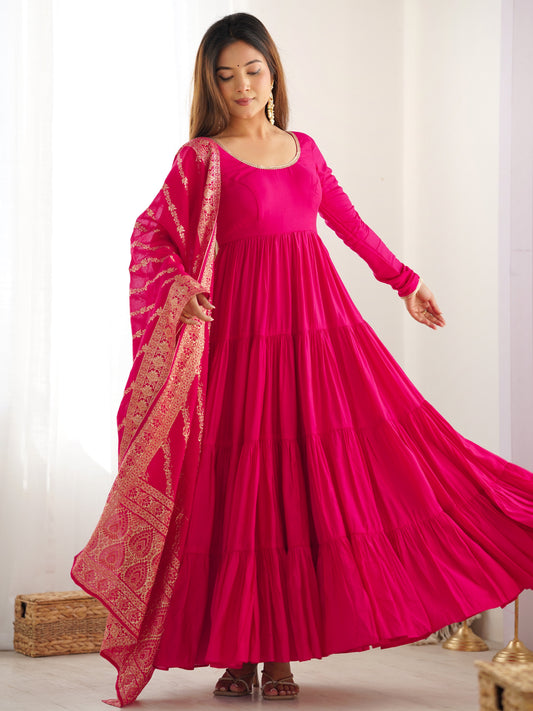 Attractive Pink Chanderi Silk Anarkali Suit With Banarasi Dupatta