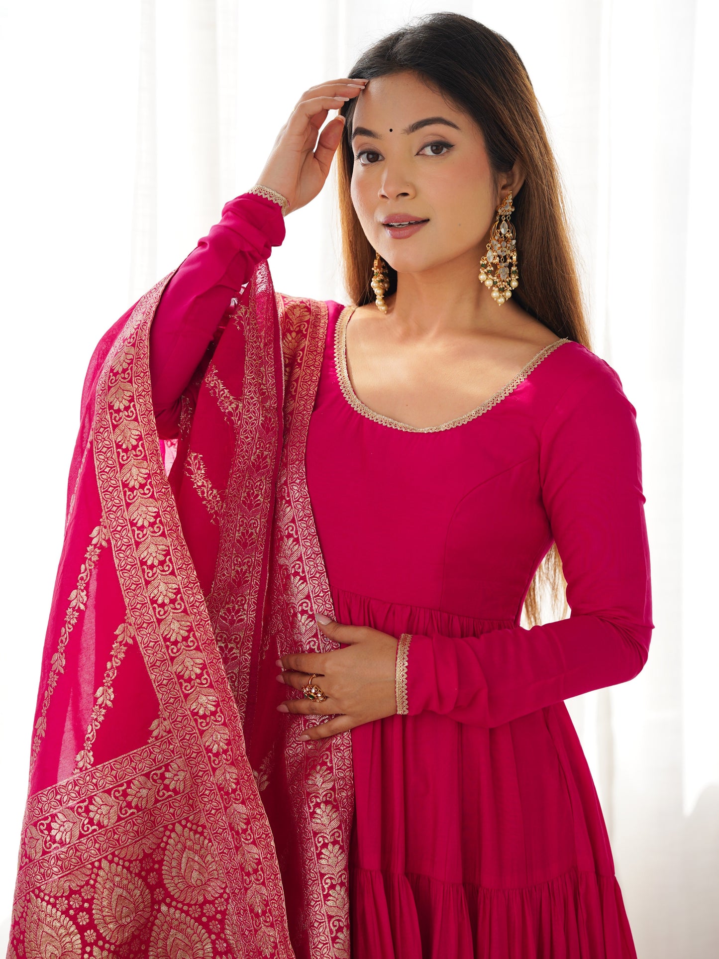Attractive Pink Chanderi Silk Anarkali Suit With Banarasi Dupatta
