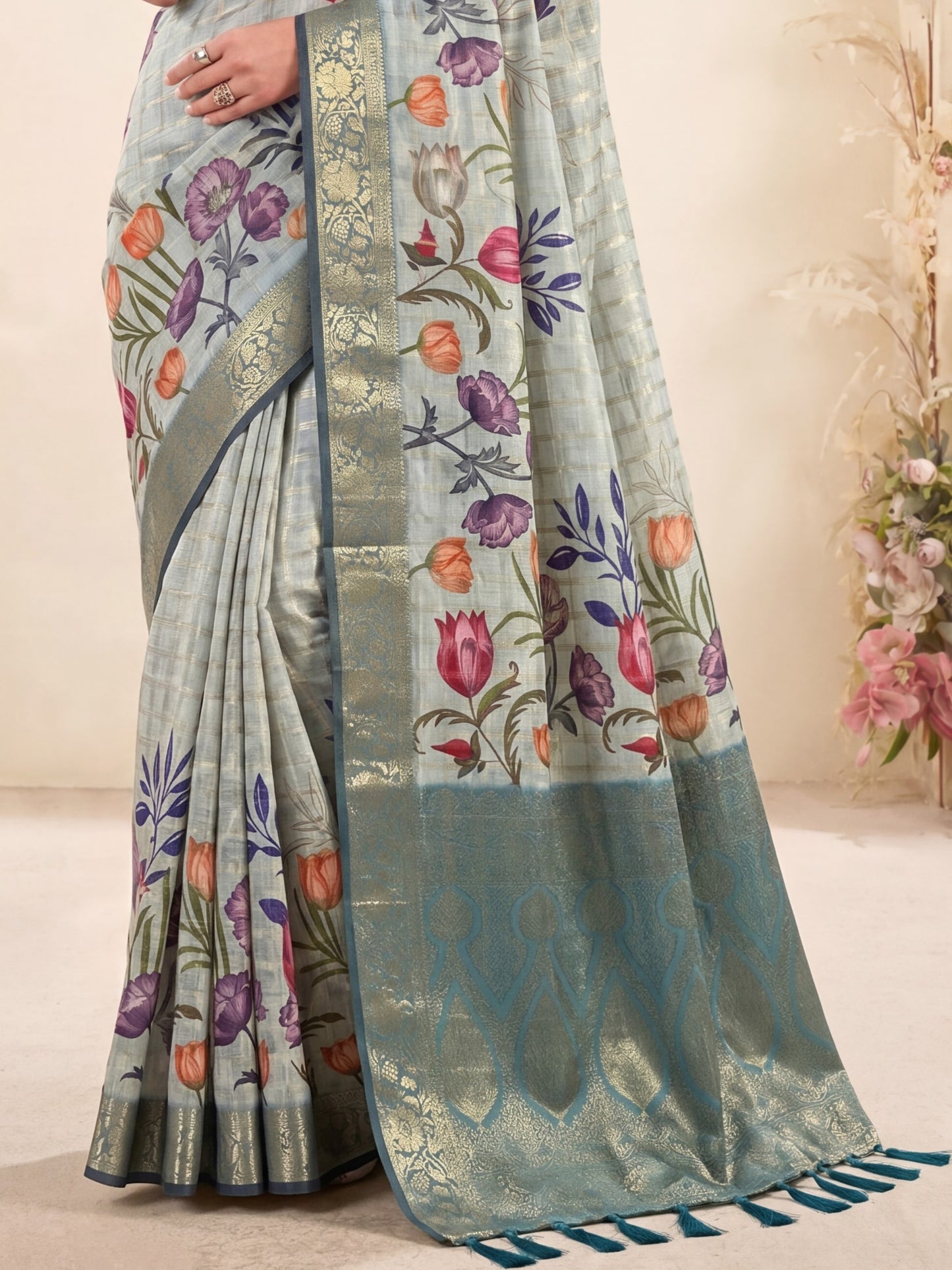 Stunning Sea Green Floral Printed Tussar Silk Wedding Wear Saree