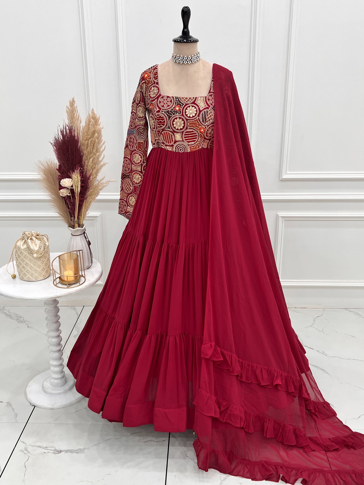 Enchanting Red Embroidered Georgette Designer Gown