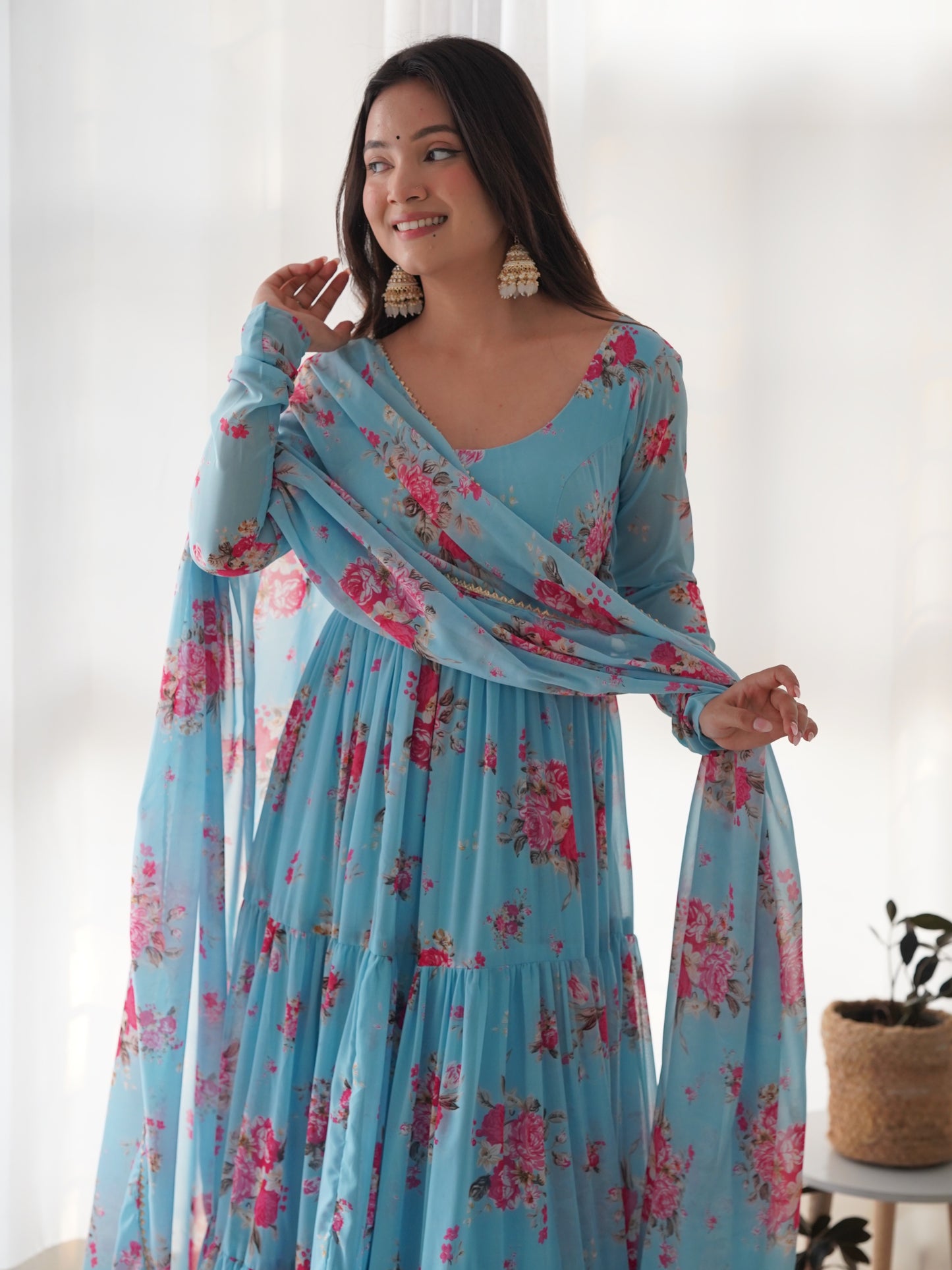 Pretty Blue Floral Printed Georgette Event Wear Gown