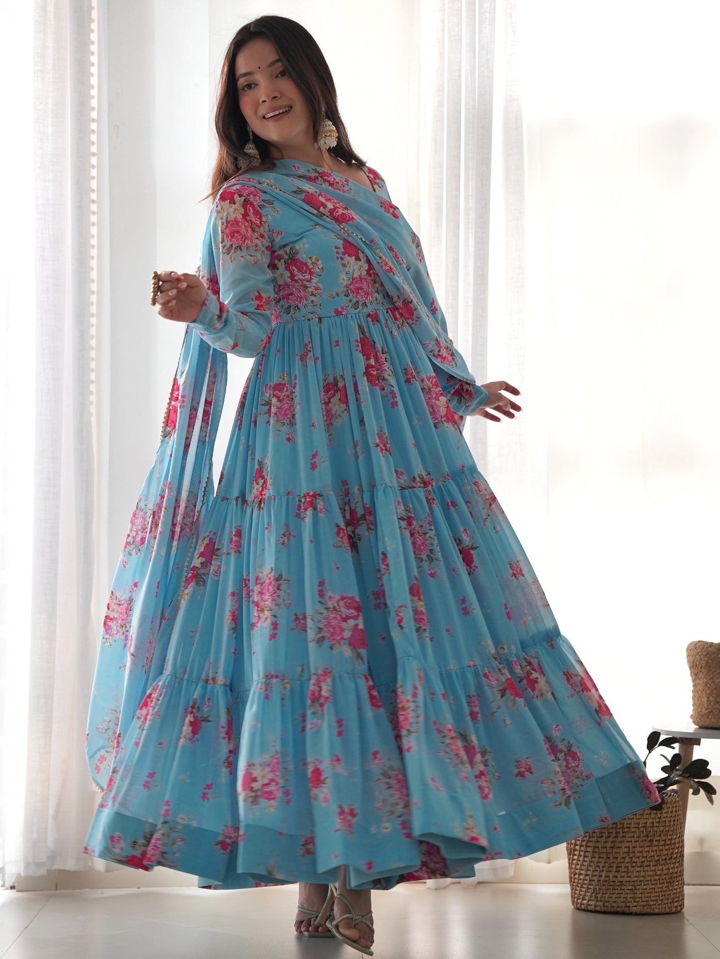 Pretty Blue Floral Printed Georgette Event Wear Gown
