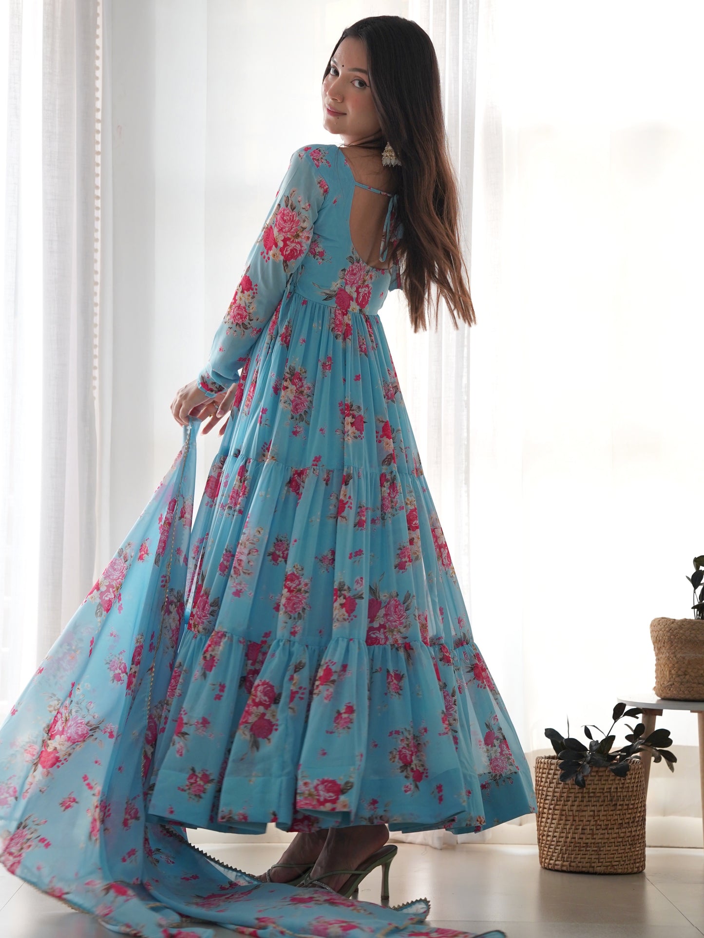 Pretty Blue Floral Printed Georgette Event Wear Gown