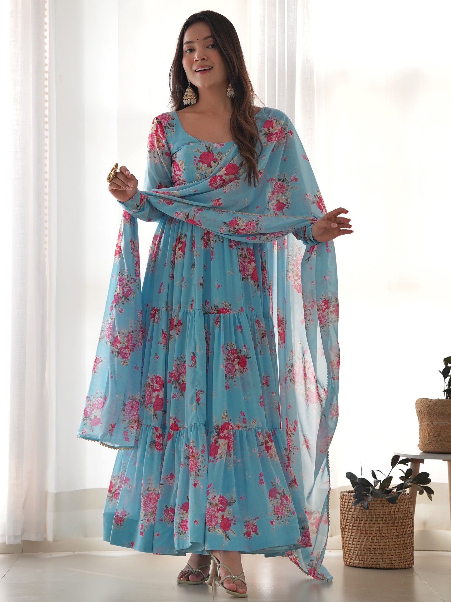Pretty Blue Floral Printed Georgette Event Wear Gown