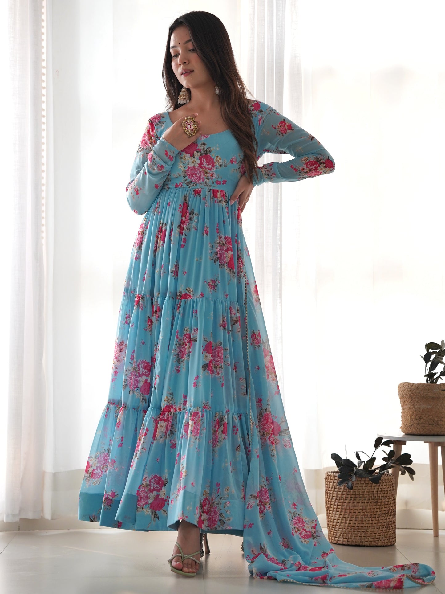 Pretty Blue Floral Printed Georgette Event Wear Gown