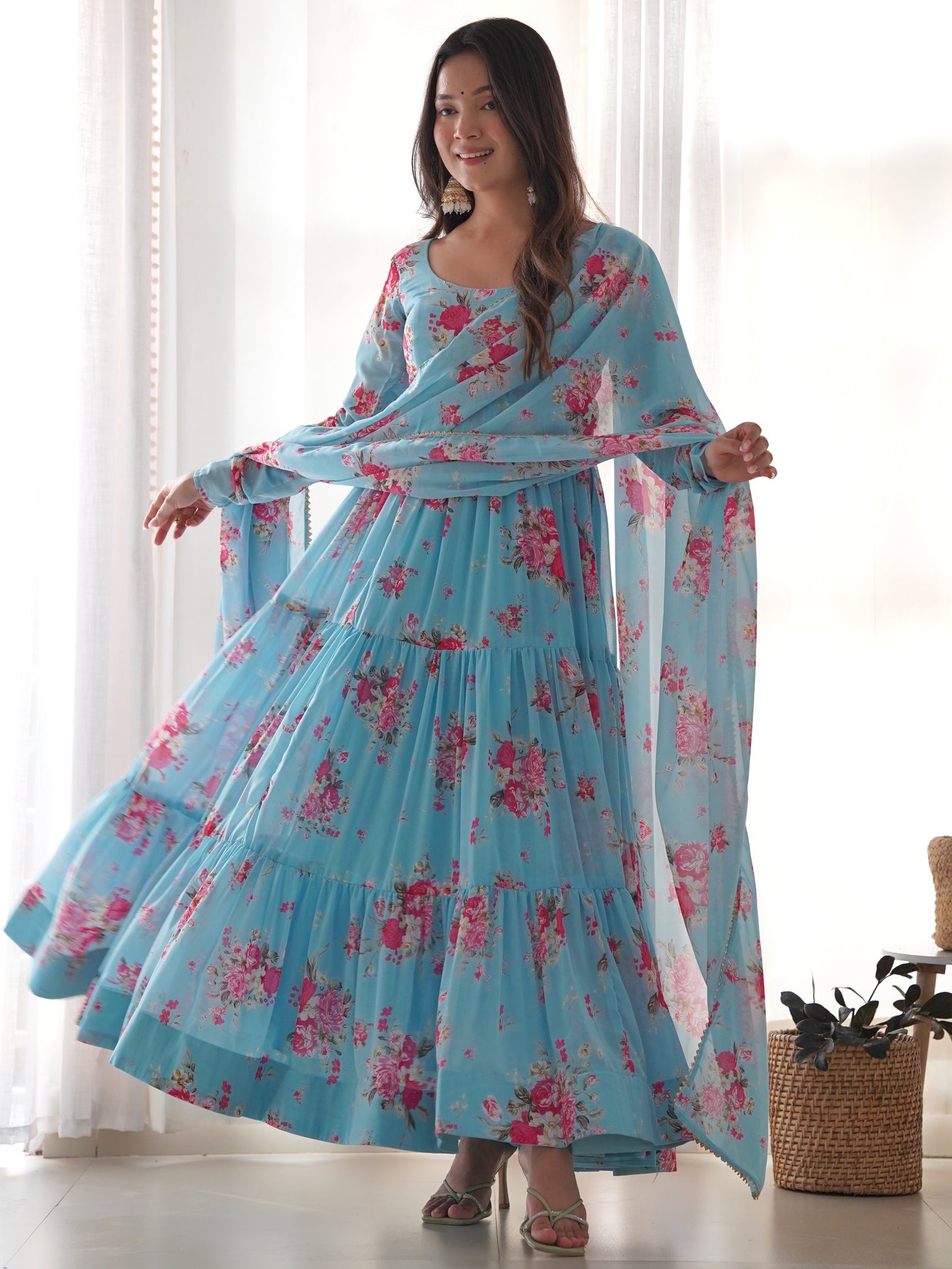 Pretty Blue Floral Printed Georgette Event Wear Gown