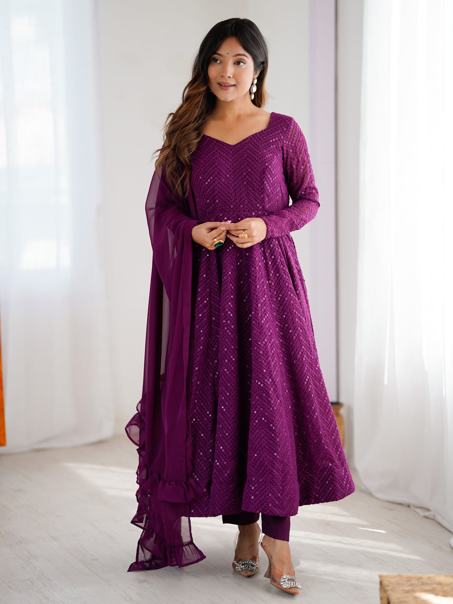 Pretty Purple Embroidered Georgette Reception Anarkali Suit