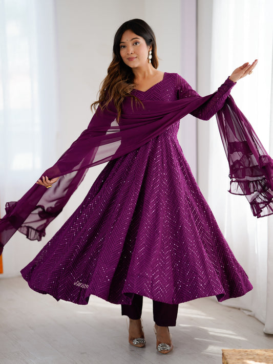 Pretty Purple Embroidered Georgette Reception Anarkali Suit