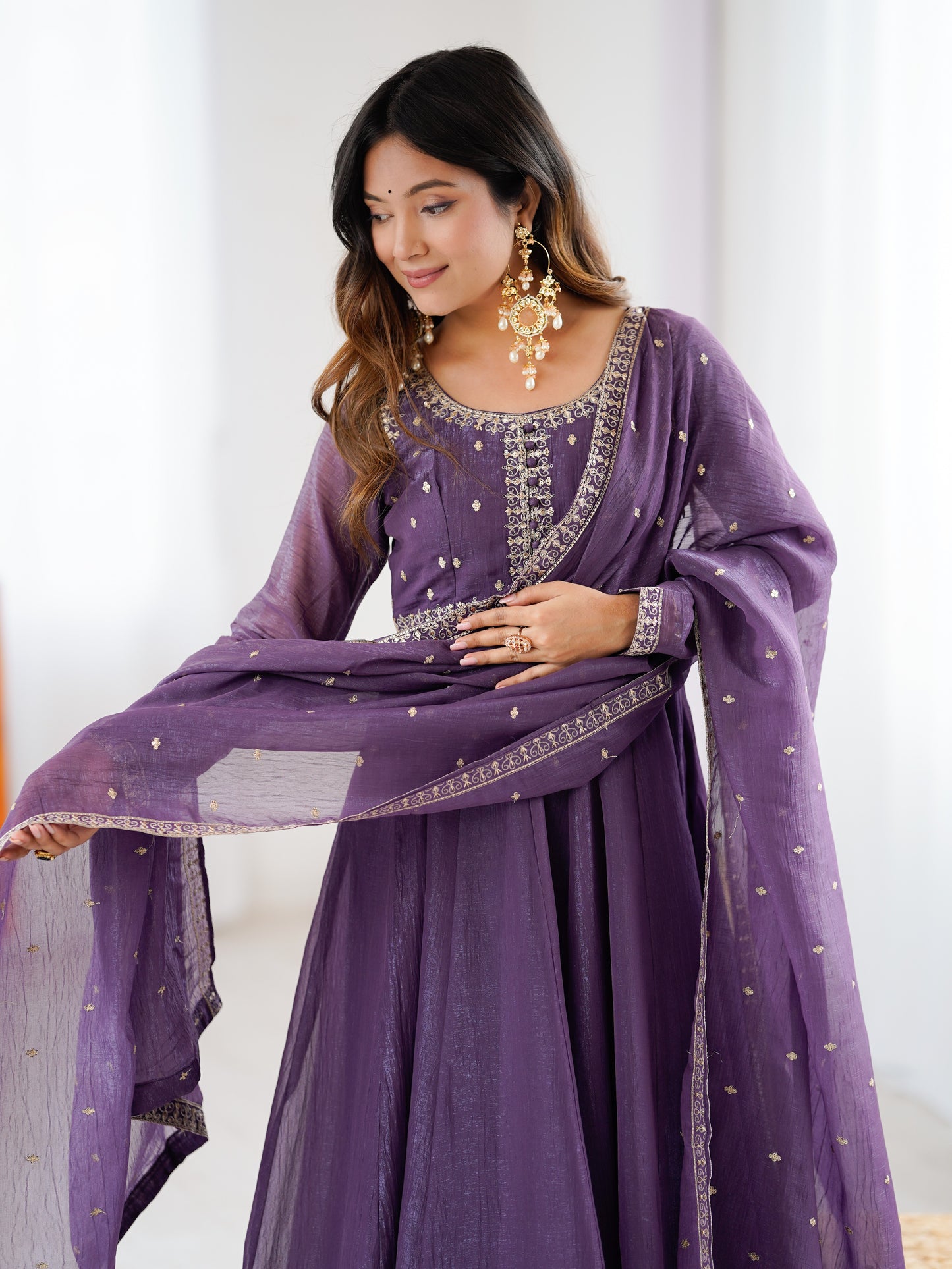 Awesome Purple Zari Work Crunchy Silk Wedding Anarkali Suit