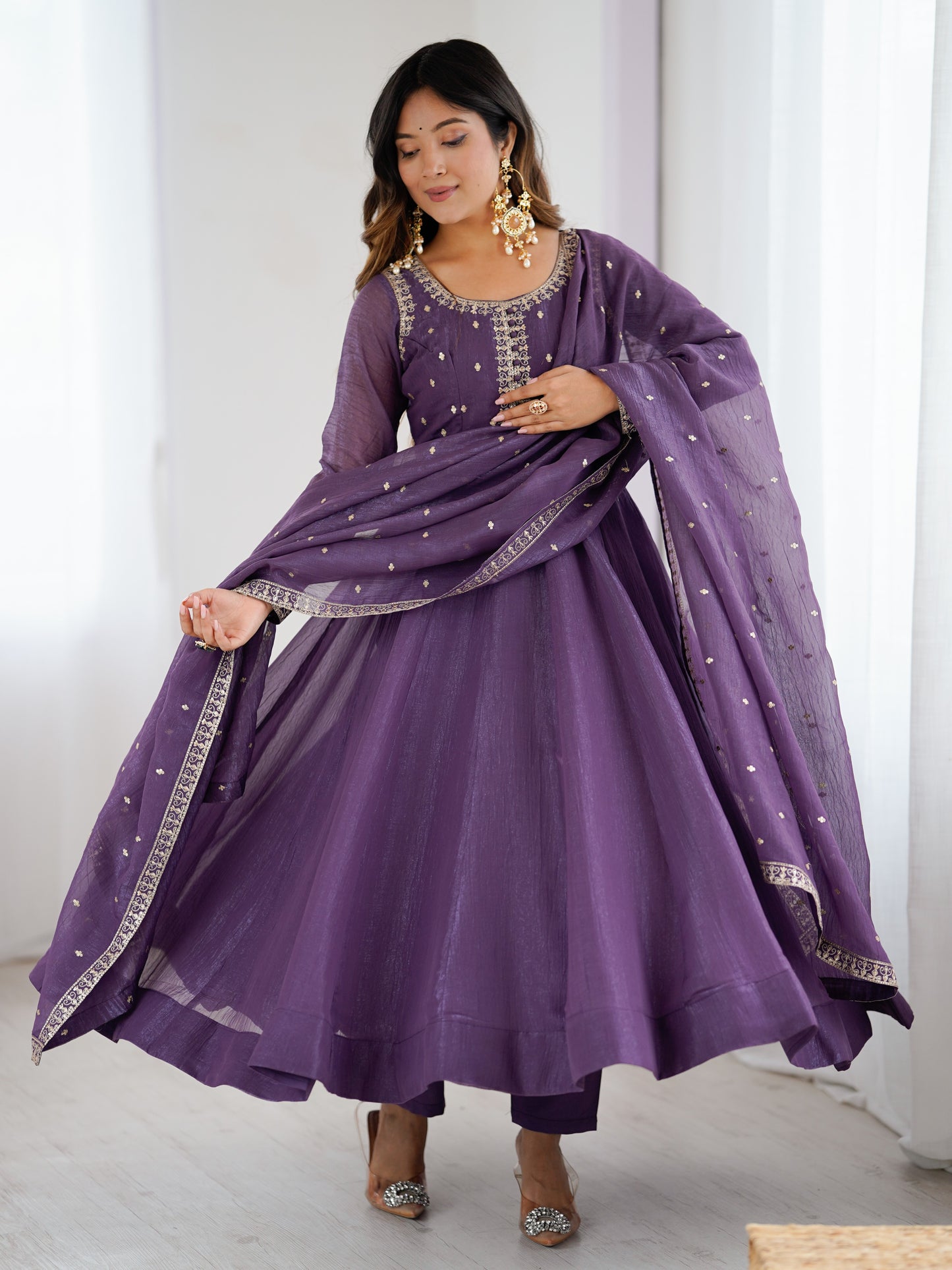 Awesome Purple Zari Work Crunchy Silk Wedding Anarkali Suit