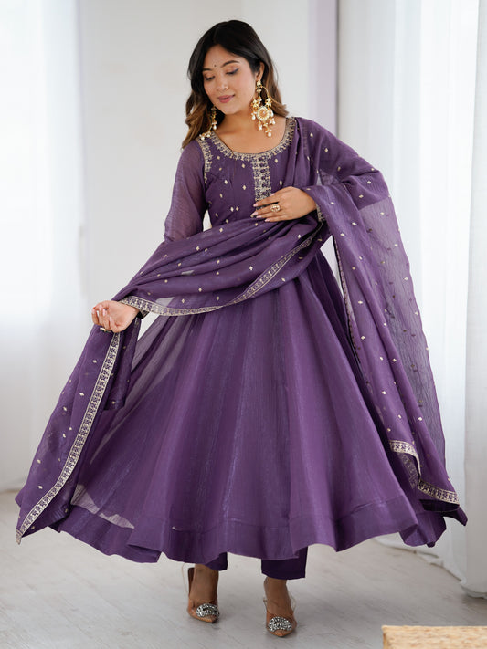 Awesome Purple Zari Work Crunchy Silk Wedding Anarkali Suit