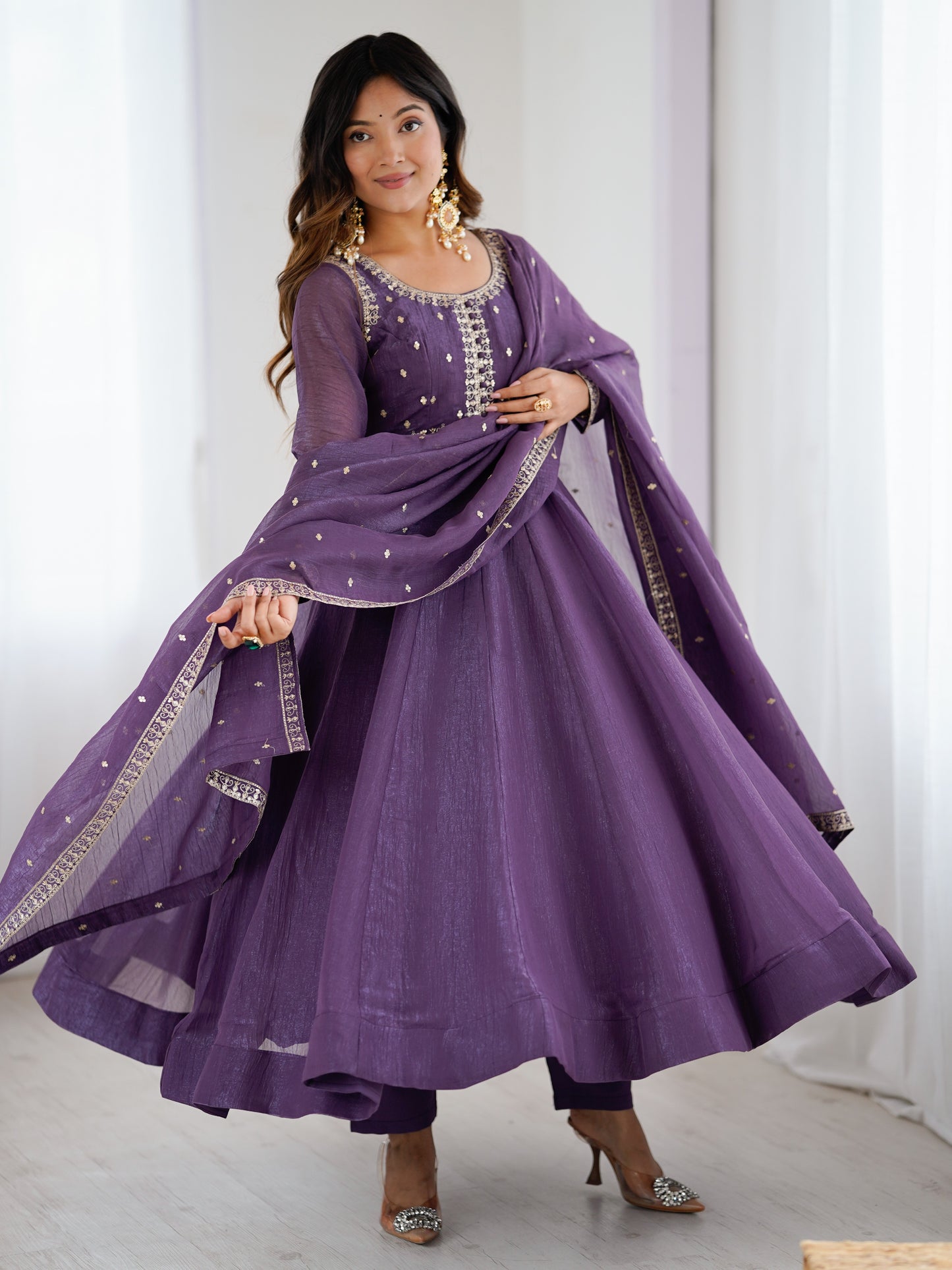 Awesome Purple Zari Work Crunchy Silk Wedding Anarkali Suit