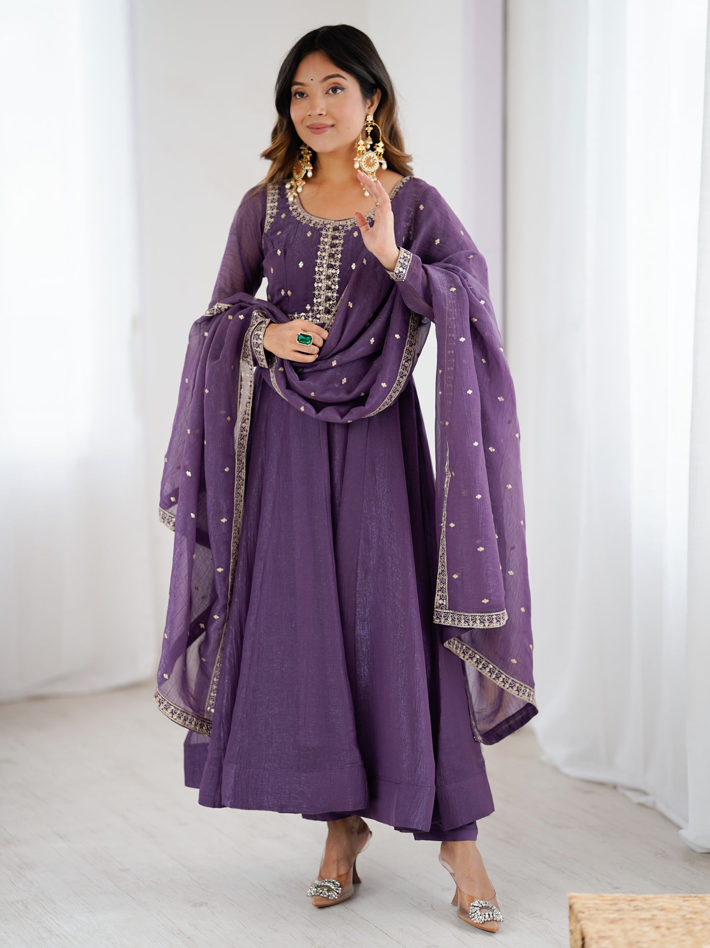 Awesome Purple Zari Work Crunchy Silk Wedding Anarkali Suit
